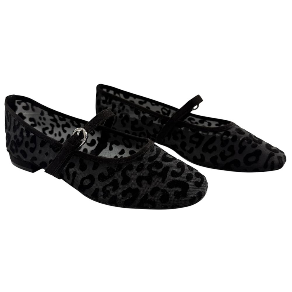 J. Crew Factory Black Leopard Mesh Mary Jane Flats Adjustable Buckle Size 6.5